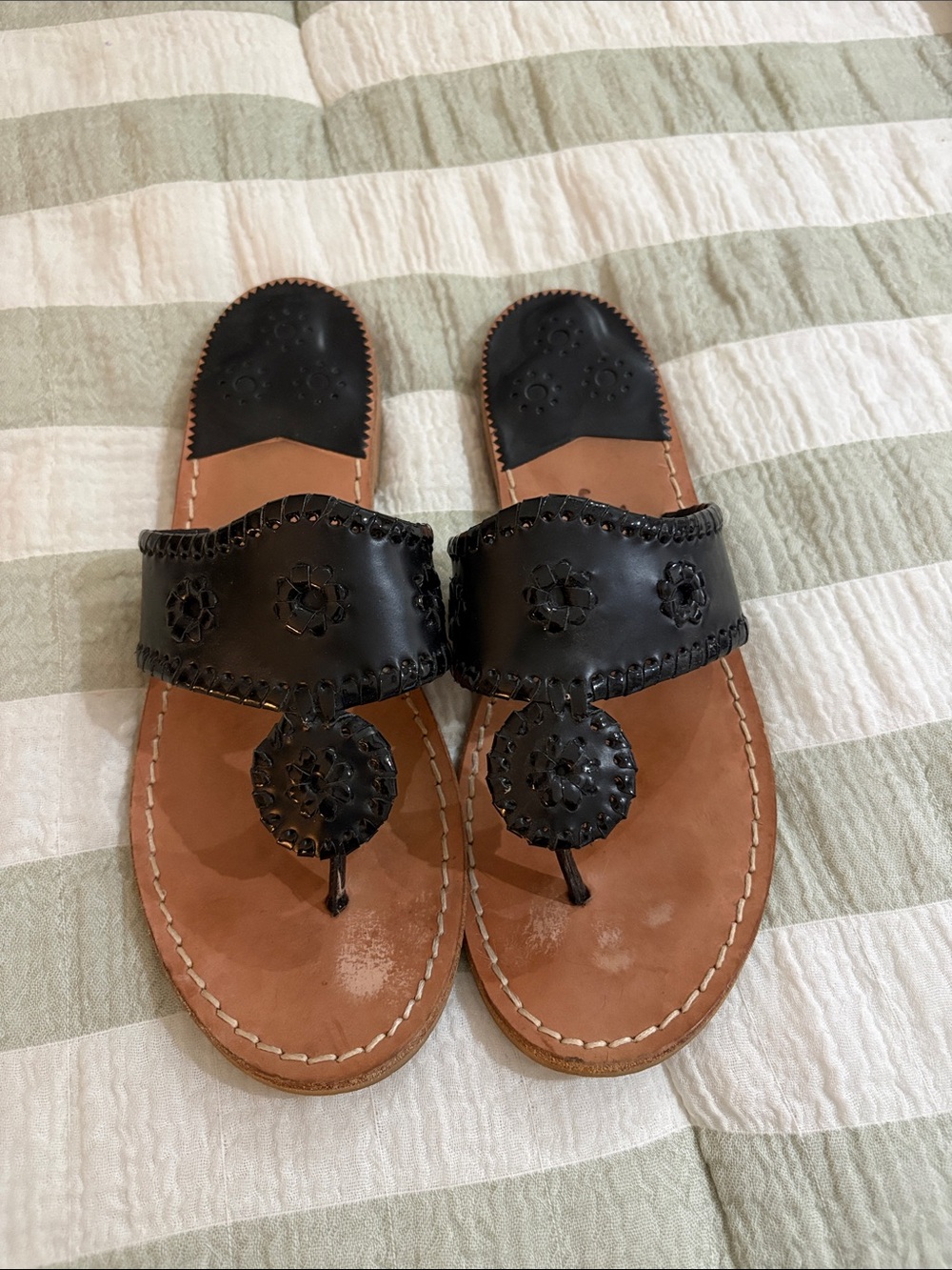 Jack Rogers Black Leather Thong Sandals with Tan Footbed